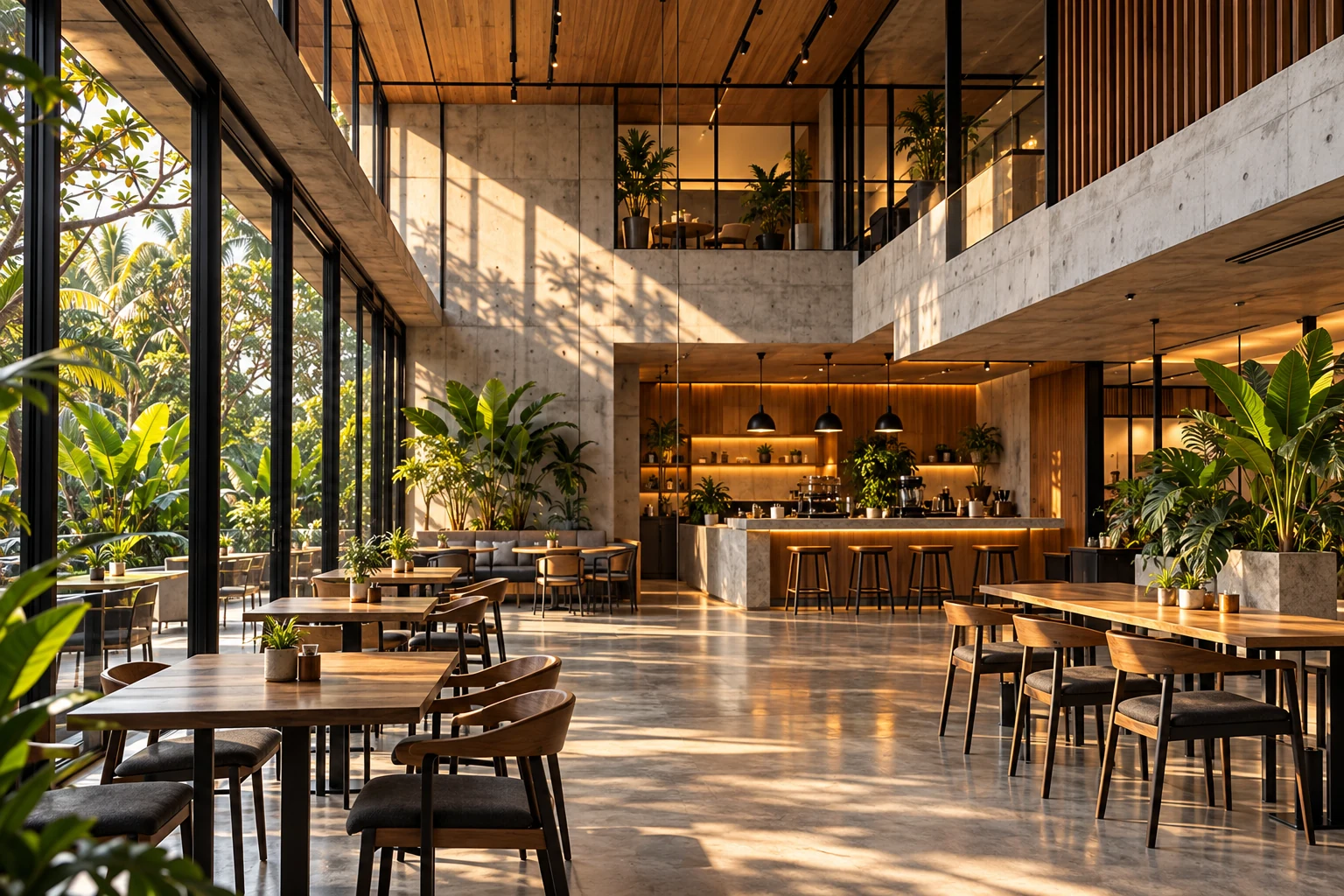 Konsep interior kafe dengan beton, kayu, dan rangka baja.