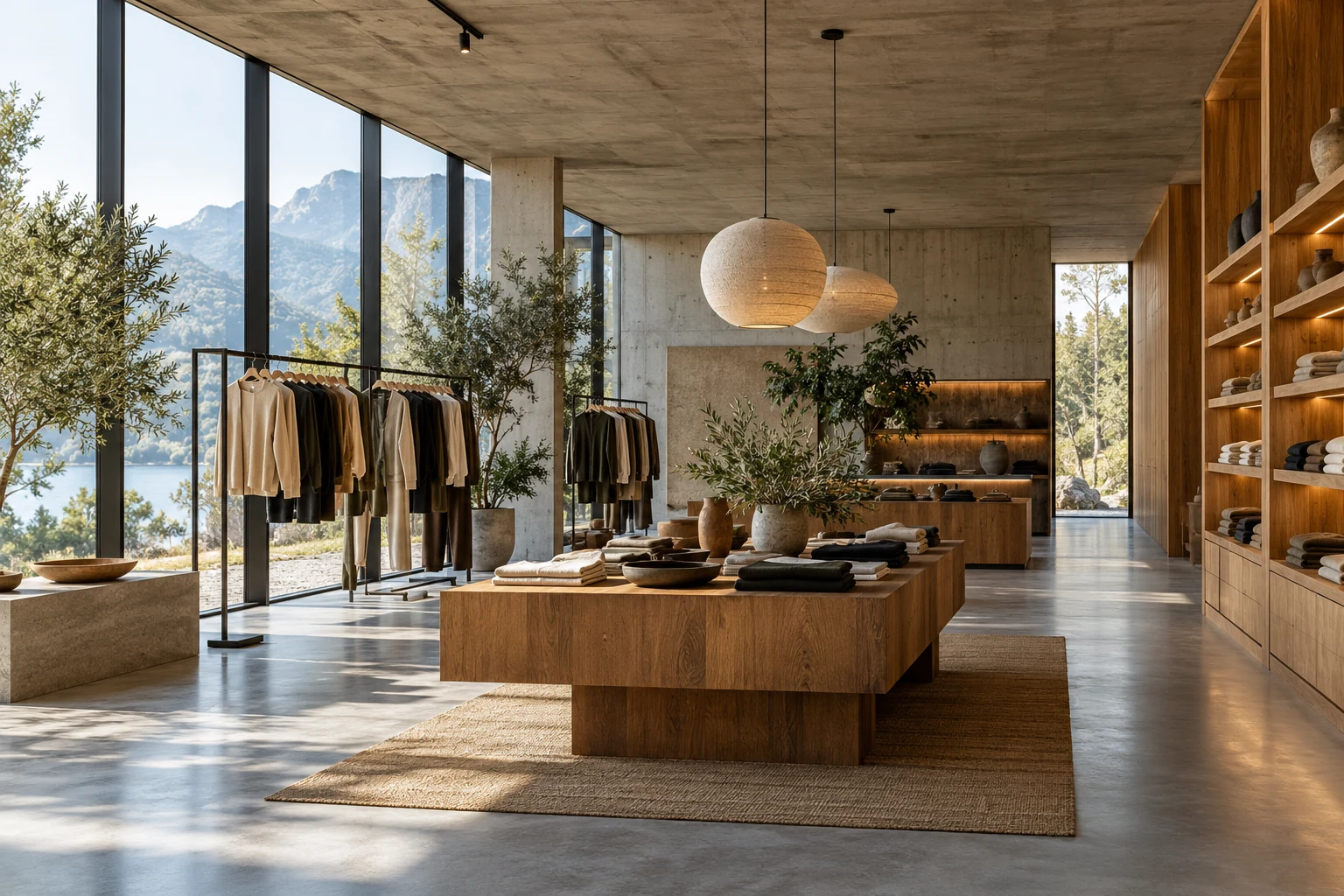 Konsep showroom retail dengan kabinet kayu dan lantai beton.