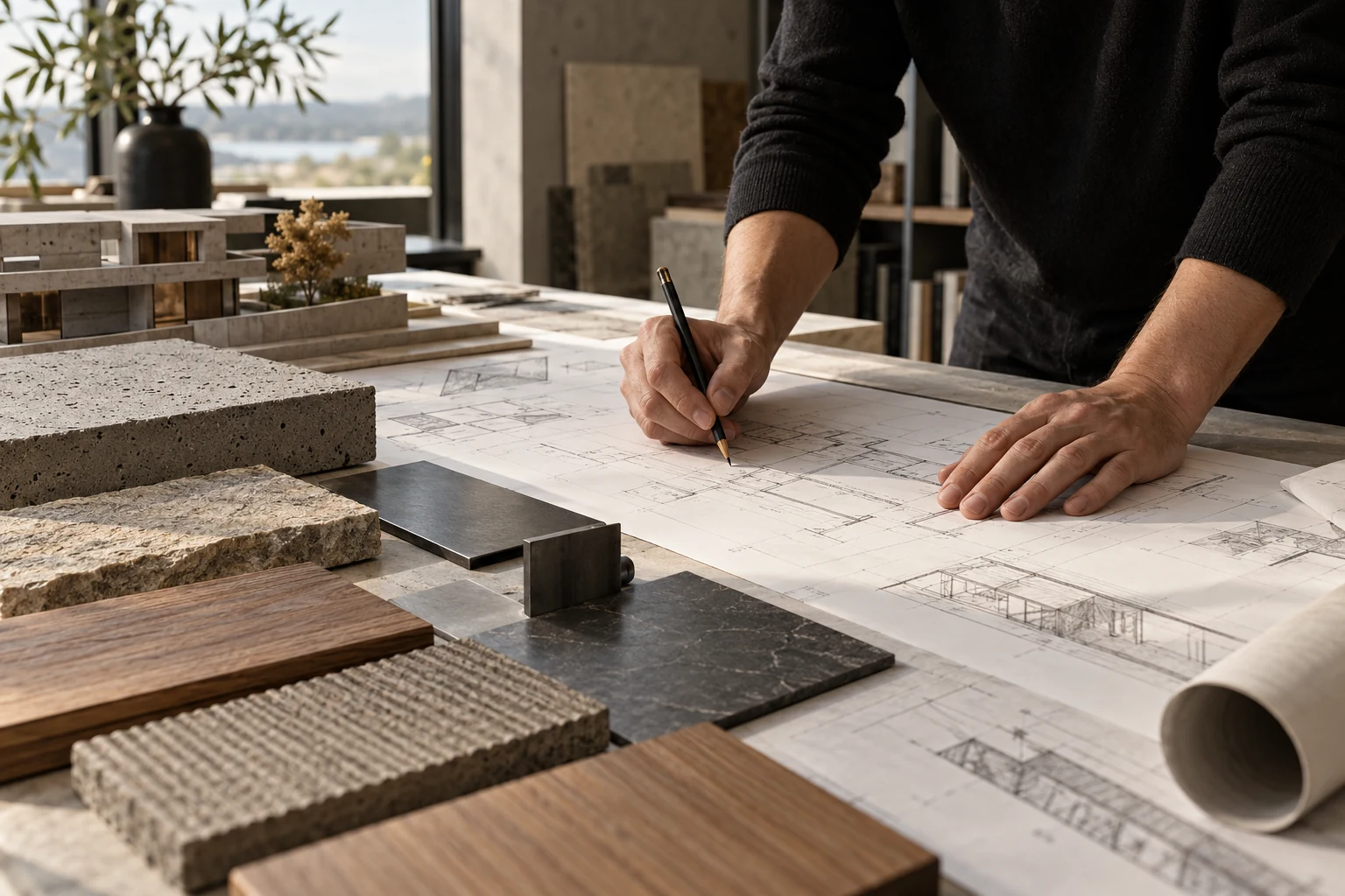 Ilustrasi perencanaan arsitektur dan pemilihan material di meja studio.
